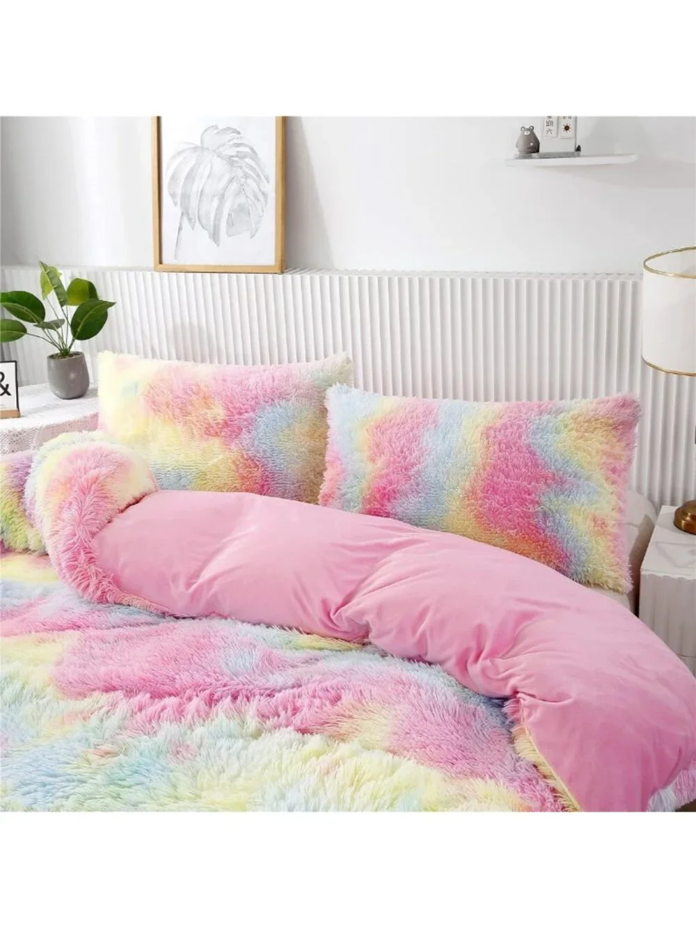 Rainbow Long Hair Twin Bedding Set - 3 Pieces, Colorful Girls' Room Decor
